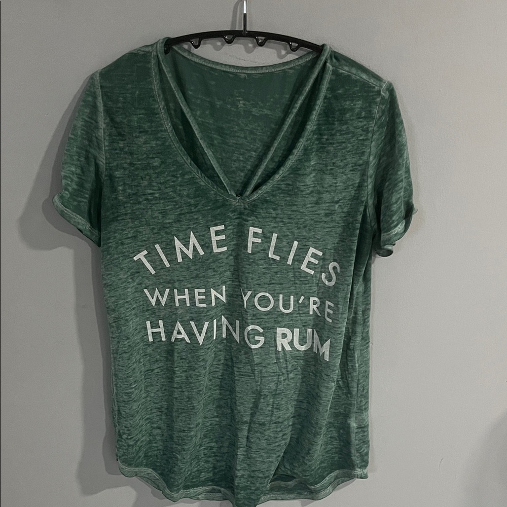 Awake Forest Green V-Neck Tee With Fun Text Medium